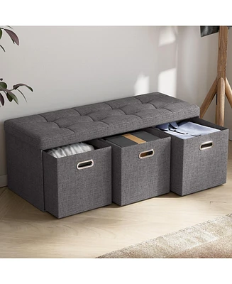 Collapsible Tufted Linen Long Bench Storage Ottoman with 3 Drawers