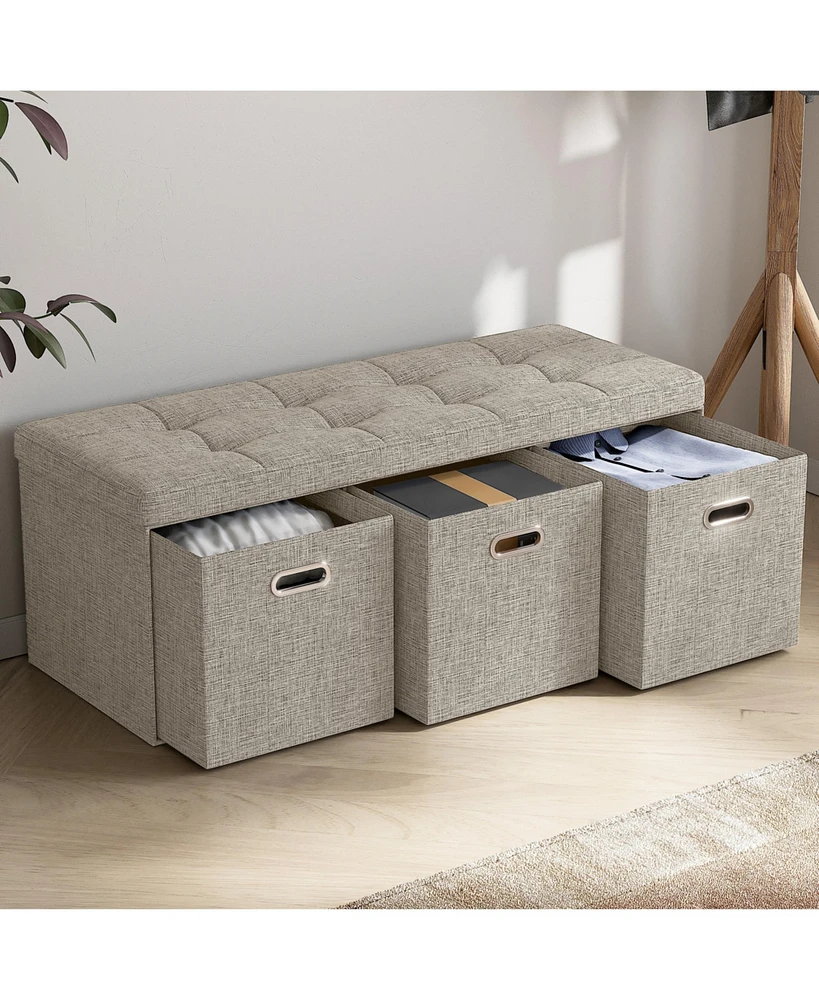 Collapsible Tufted Linen Long Bench Storage Ottoman with 3 Drawers