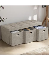 Collapsible Tufted Linen Long Bench Storage Ottoman with 3 Drawers