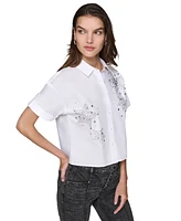 Karl Lagerfeld Paris Women's Embellished Poplin Button-Front Top