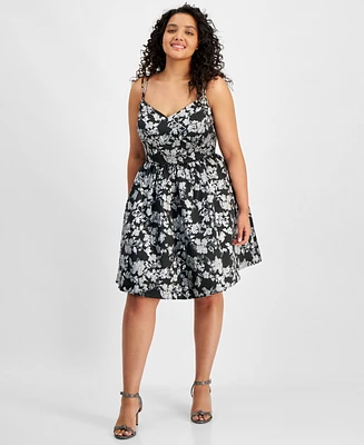 B Darlin Trendy Plus Metallic-Floral V-Neck Dress