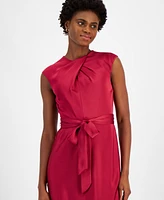 Tahari Petite Pleated-Neck Sleeveless Tie-Waist Midi Dress