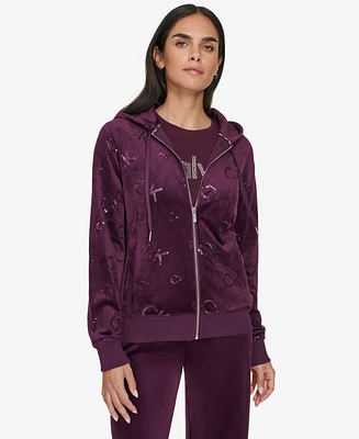 Calvin Klein Women's Sequin-Logo Velour Zip-Front Hoodie