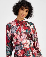 Tahari Petite Floral Button-Trim Belted Long-Sleeve Dress