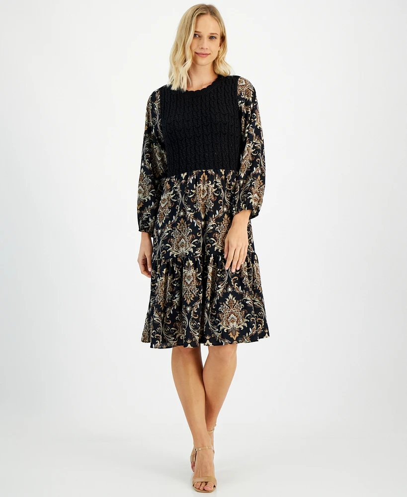 Robbie Bee Petite Mixed-Media Long-Sleeve Dress