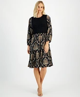 Robbie Bee Petite Mixed-Media Long-Sleeve Dress