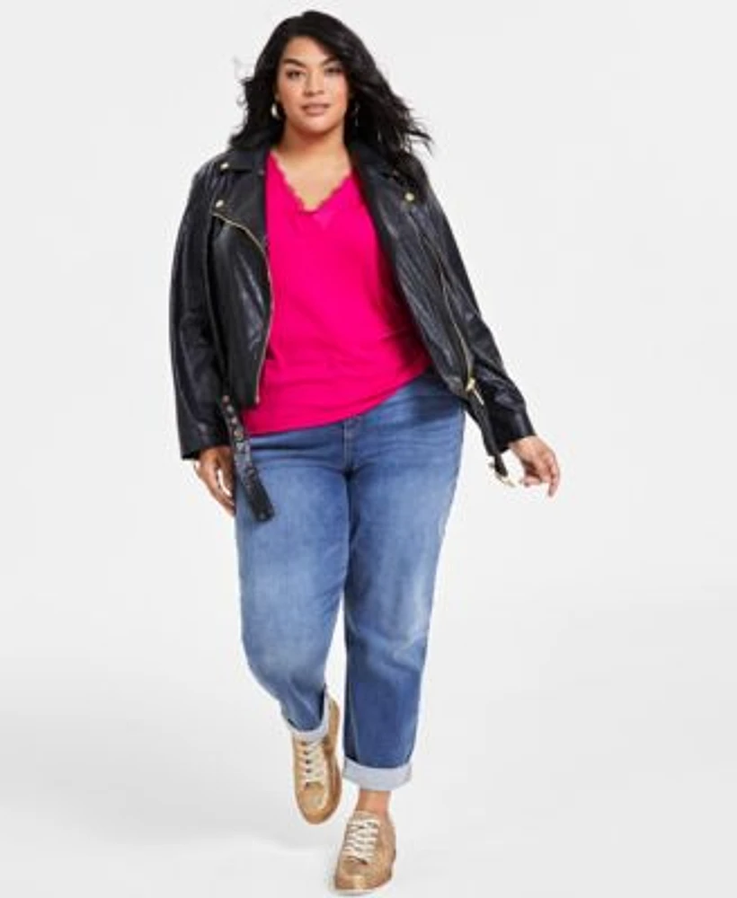 I.N.C. International Concepts Plus Size Faux Leather Moto Jacket Lace Trim V Neck Top Rolled Cuff Jeans Created For Macys