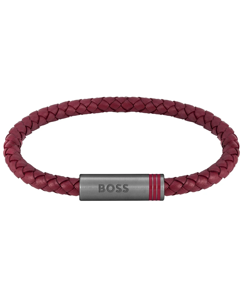 Hugo Boss Men's Ares Single Ionic Plated Grey Steel Burgundy Leather Bracelet