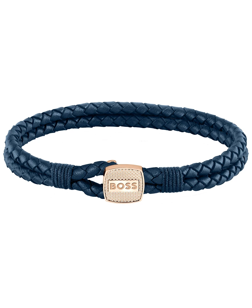 Hugo Boss Men's Seal Ionic Plated Carnation Gold Steel Blue Leather Bracelet