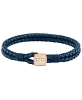 Hugo Boss Men's Seal Ionic Plated Carnation Gold Steel Blue Leather Bracelet