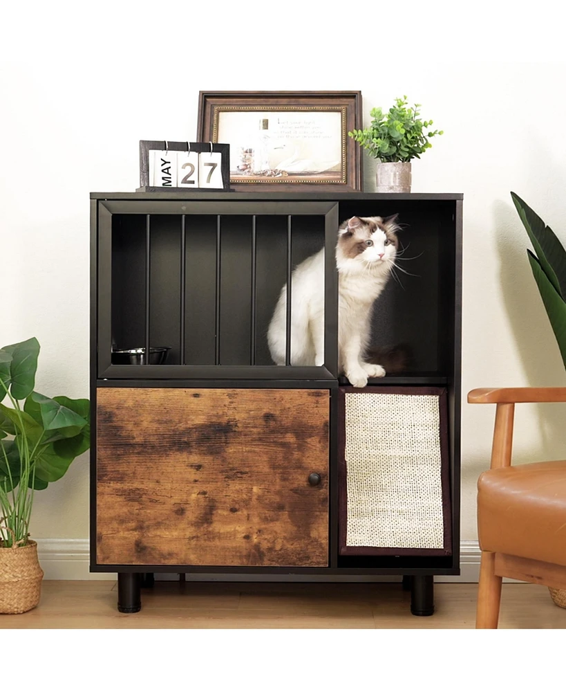 Simplie Fun Cat Feeding Station with Scratching Board, Storage Lockers, and Stainless Steel Bowls