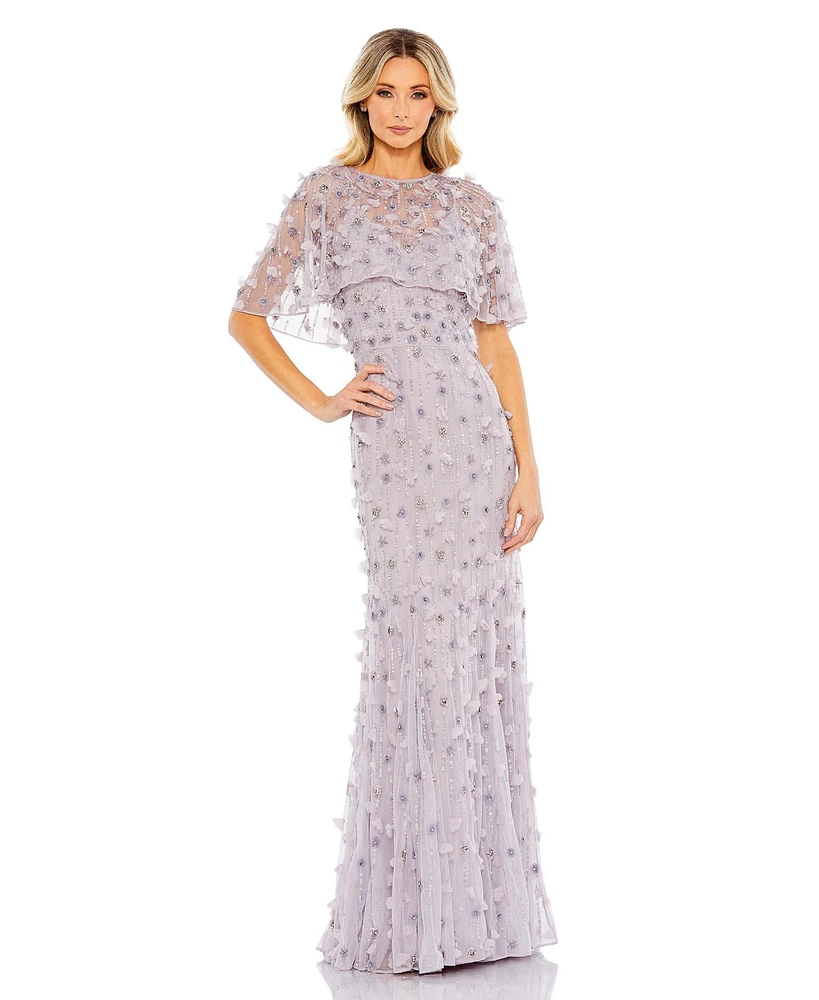 Mac Duggal Women's Embellished Illusion Cape Sleeve Trumpet Gown