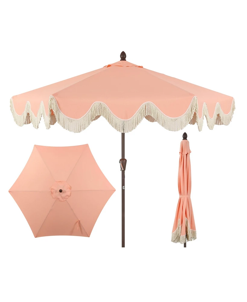 Jonathan Y 9ft Tassel Market Patio Umbrella Auto-Tilt, Crank, Wind Vent Uv Protection