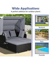 Costway Patio Rattan Daybed Lounge Retractable Top Canopy Side Tables Cushions