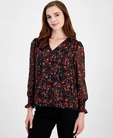 Anne Klein Women's Printed V-Neck Long-Sleeve Smocked-Cuff Top