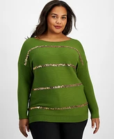 Jm Collection Plus Sequin-Stripe Boat-Neck Sweater, Created for Macy's