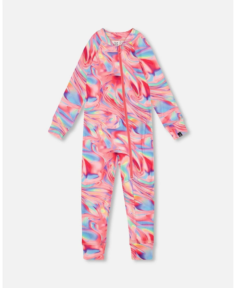 Deux par Baby Girls One Piece Thermal Underwear Printed Pink Marble