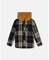 Deux par Toddler Boys Button Down Flannel Shirt With Hood Plaid Black And Caramel - Toddler|Child