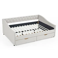 Upholstered Daybed with Drawers, Button Back & Copper Nail Arms