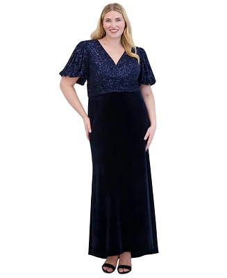 Eliza J Plus V-Neck Mixed-Media Sequin Velvet Gown