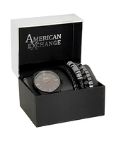 American Exchange Men's Black Leather Strap Analog Watch 42mm with Stackable Bracelets Gift Set