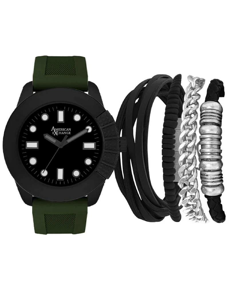 American Exchange Men's Olive Silicone Strap Analog Watch 48mm with Stackable Bracelets Gift Set