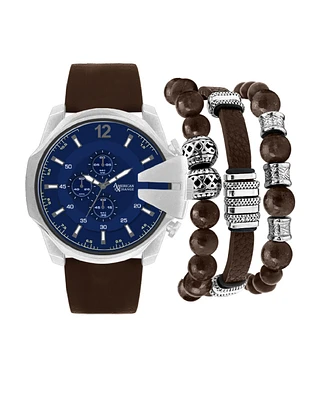 American Exchange Men's Brown Leather Strap Analog Watch 52mm with Stackable Bracelets Gift Set