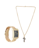 American Exchange Men's Shiny Gold Tone Metal Alloy Analog Watch 36mm with Cross Pendant Necklace Gift Set