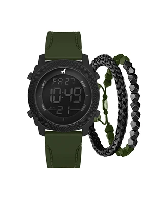 American Exchange Men's Dark Olive Silicone Strap Analog Watch 46mm with 2 Piece Stackable Bracelets Gift Set