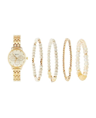 American Exchange Women's Shiny Gold Metal Alloy Band Analog Watch 31mm with Stackable Bracelets Gift Set