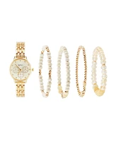 American Exchange Women's Shiny Gold Metal Alloy Band Analog Watch 31mm with Stackable Bracelets Gift Set