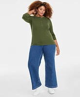 On 34th Plus Ribbed Long-Sleeve Henley Top, Created for Macy's