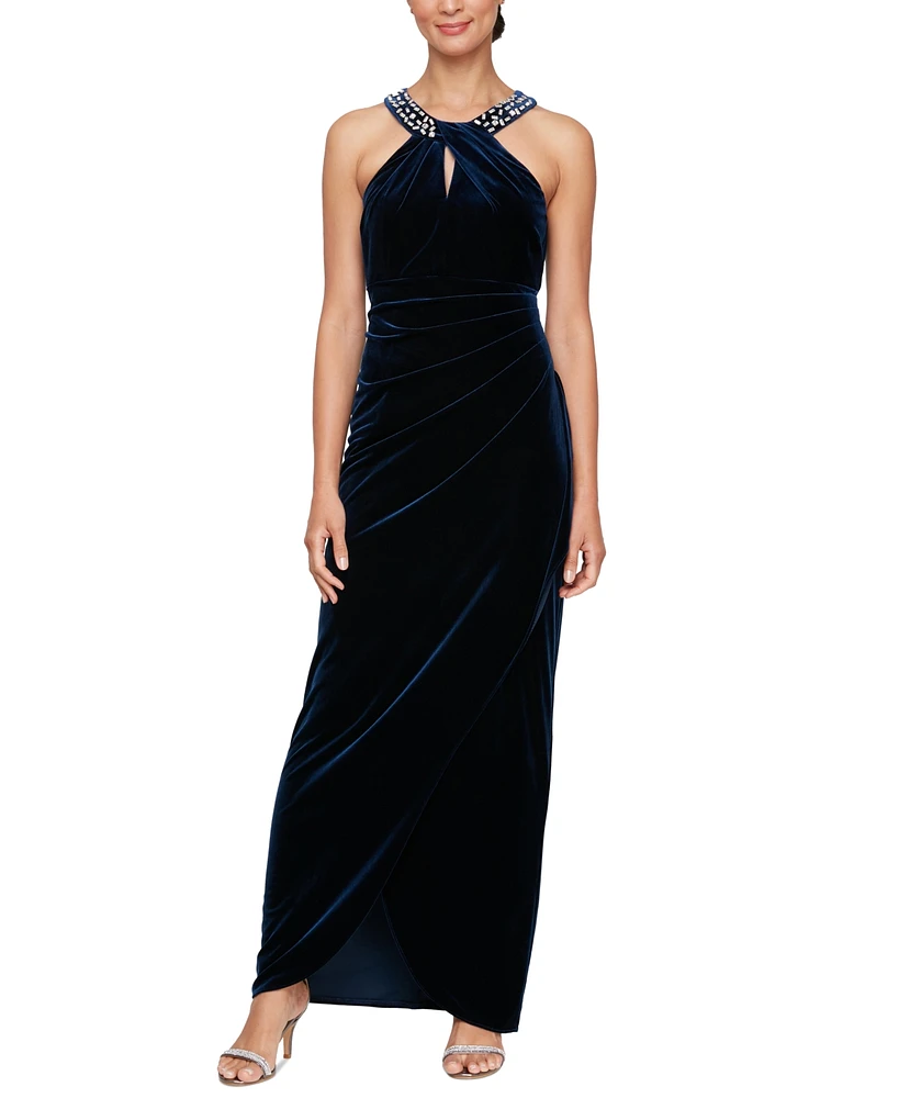 Sl Fashions Women's Embellished-Neck Pleat-Waist Velvet Gown