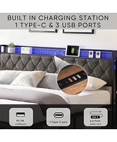 Streamdale Furniture Upholstered King Bed with Storage, Charging Station, and Led Lights