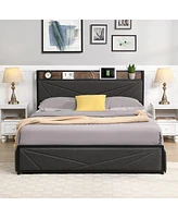 Simplie Fun Full Bed Frame with Storage Headboard & Charging Station