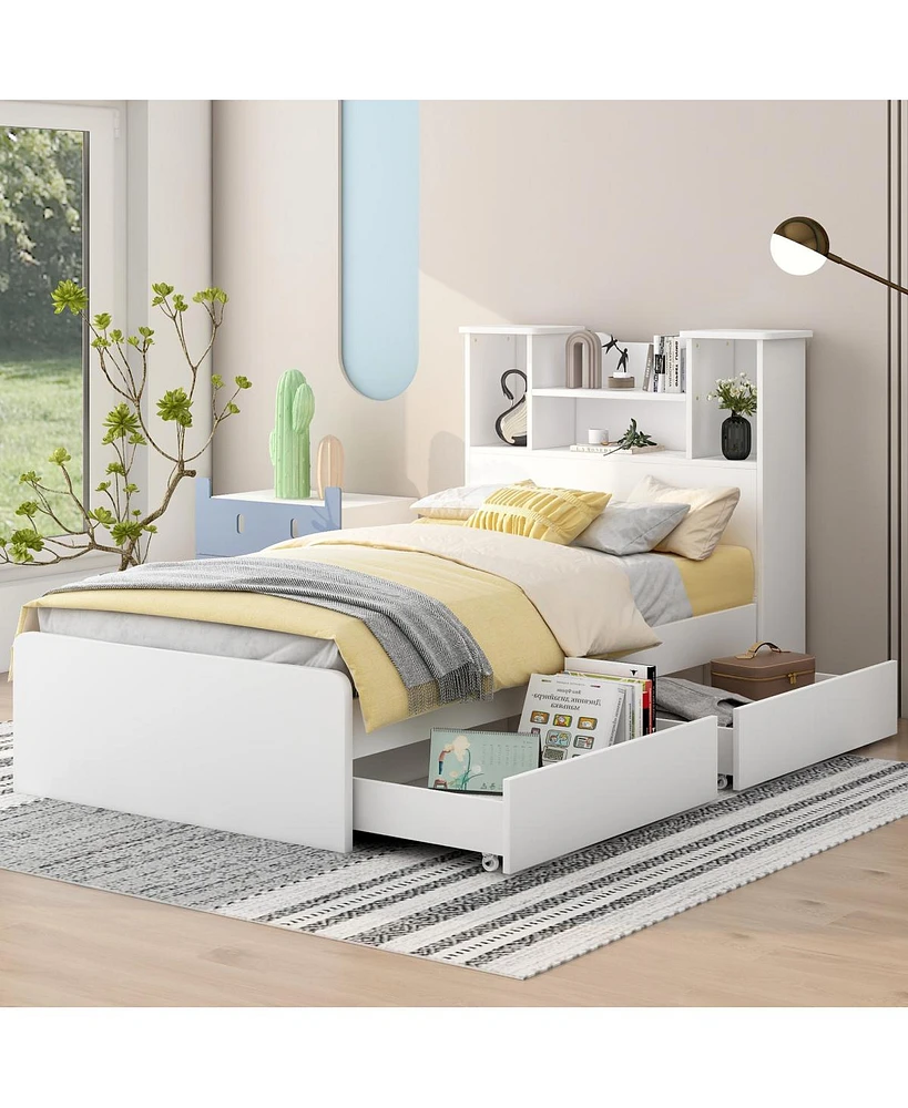 Streamdale Furniture Twin Size Storage Platform Bed Frame With 4 Open Storage Shelves And 2 Storage Drawers, Led Light