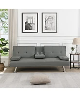 Streamdale Furniture Sofa Bed With Armrest Two Holders Wood Frame, Stainless Leg, Futon Grey Pvc