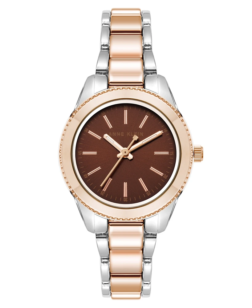 Anne Klein Women's Quartz Minimalist Contemporary Tri-Tone Alloy Metal Watch, 32mm - Brown/Silver-Tone/Rose Gold