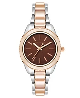 Anne Klein Women's Quartz Minimalist Contemporary Tri-Tone Alloy Metal Watch, 32mm - Brown/Silver-Tone/Rose Gold