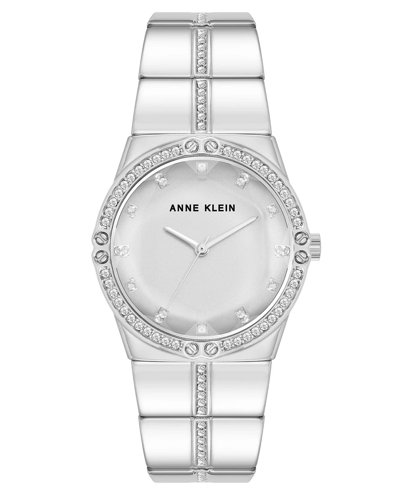 Anne Klein Women's Quartz Faceted Crystal Bezel Silver-Tone Alloy Metal Watch, 32mm