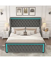 Streamdale Furniture Grey Velvet King Bed Frame with Led Headboard