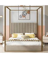 Streamdale Furniture Queen Size Upholstery Canopy Platform Bed With Headboard And Metal Frame, Beige