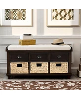 Streamdale Furniture Rustic Storage Bench With 3 Drawers And 3 Rattan Baskets, Shoe Bench For Living Room