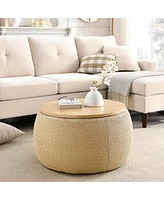 Streamdale Furniture Round Storage Ottoman, 2 In 1 Function, Work As End Table And Ottoman, Natural (25.5"X25.5"X14.5")