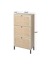 Streamdale Furniture Natural Rattan 3 Door Shoe Rack, Freestanding Modern Shoe Storage Cabinet, For Entryway