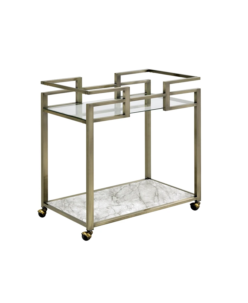 Simplie Fun Neilo Serving Cart in Clear Glass, Faux Marble & Wire Brass Finish