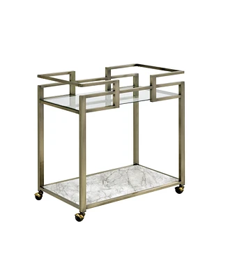 Simplie Fun Neilo Serving Cart in Clear Glass, Faux Marble & Wire Brass Finish