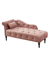 Streamdale Furniture 60" Velvet Chaise Lounge with Buttons, Nailhead Trim, and Pillow