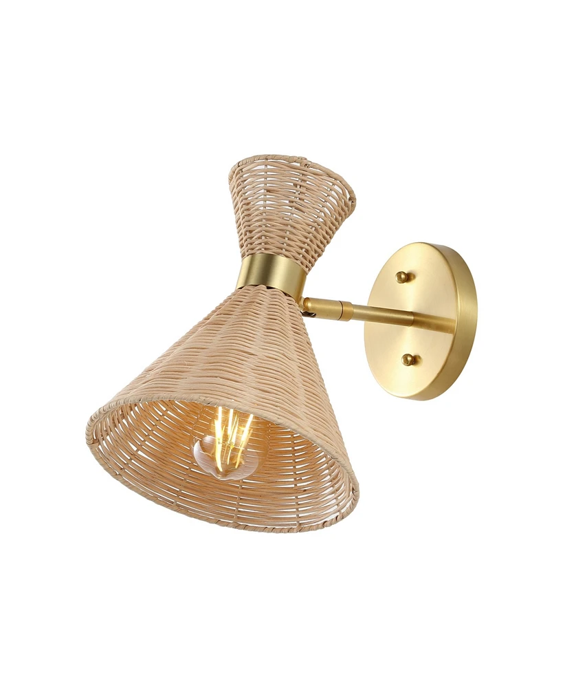 Jonathan Y Zoey 10" 1-Light Mid-Century Vintage Retro Rattan/Metal Led Sconce with Adjustable Shade, Light Brown/Brass Gold