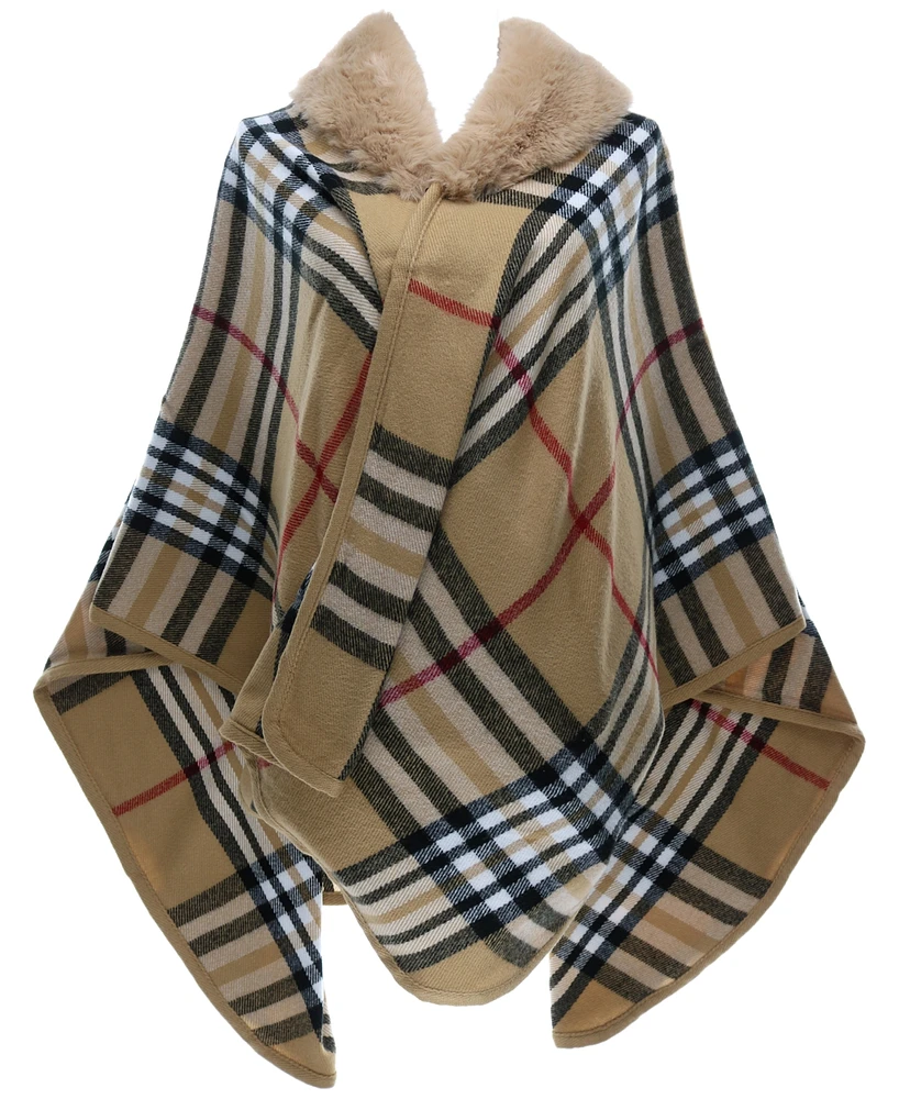 Fraas Women's Faux-Fur-Collar Plaid Wrap